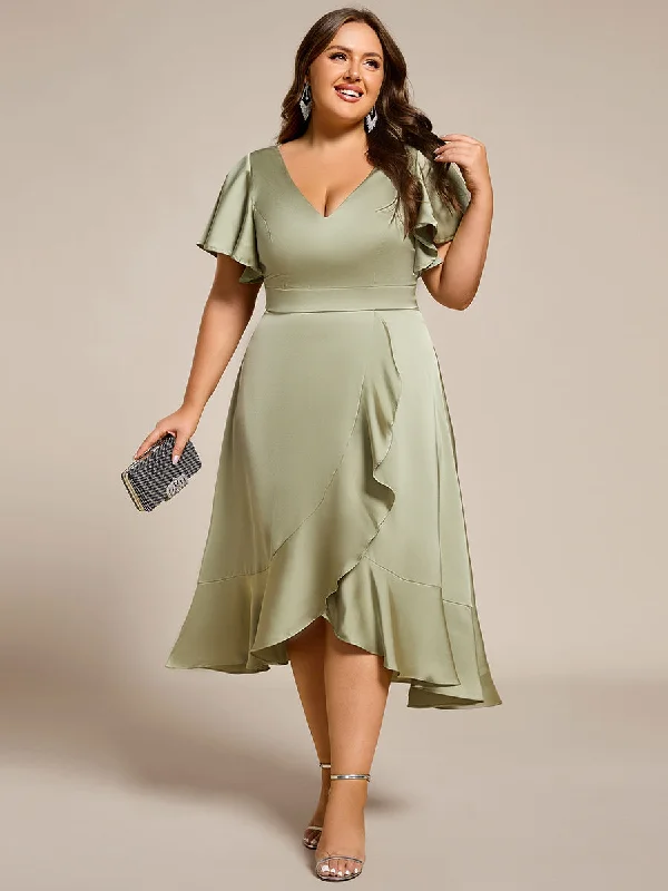 party dressElegant Ruffles Sleeve Midi Length Satin Bridesmaid Dresses with Regular Fold Stream Asymmetrical Hem