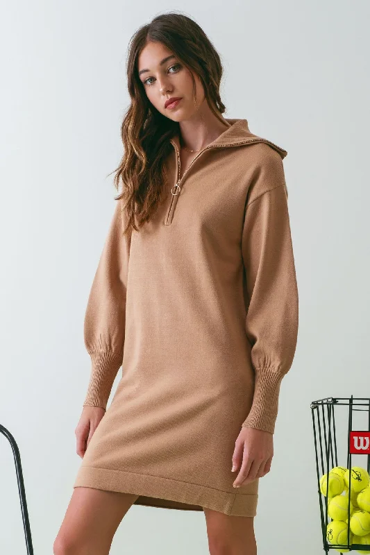 comfy maxi dressTaupe Knit Half Zip Mini Dress