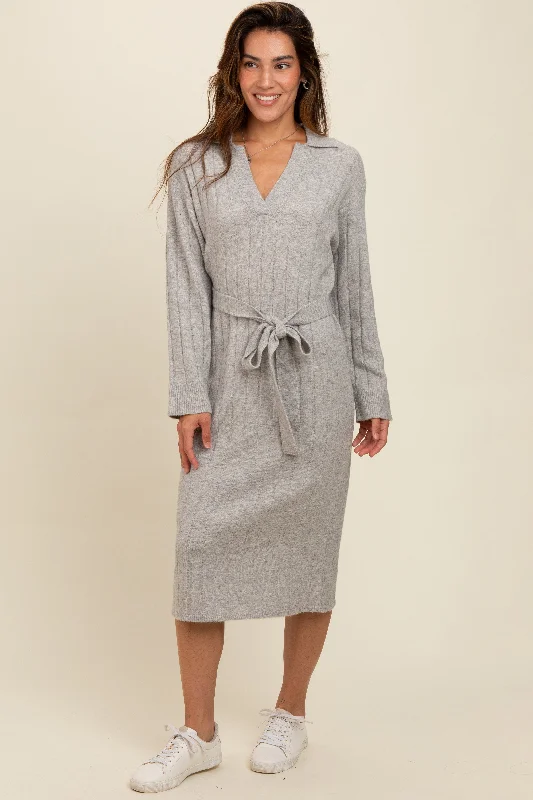 v-neck dressHeather Grey Ribbed Sweater Collared Midi Dress