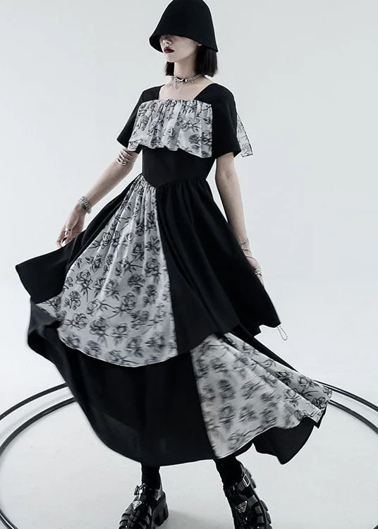 fitted bodycon dressModern Black Square Collar Asymmetrical Design Patchwork Print Long Dress Short Sleeve