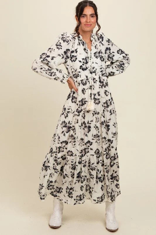 spaghetti strap dressBlack Floral Button Front Tiered Long Sleeve Maxi Dress