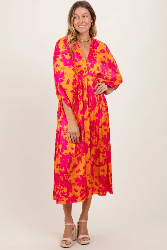 casual evening dressOrange Floral Satin Pleated V-Neck Maxi Dress