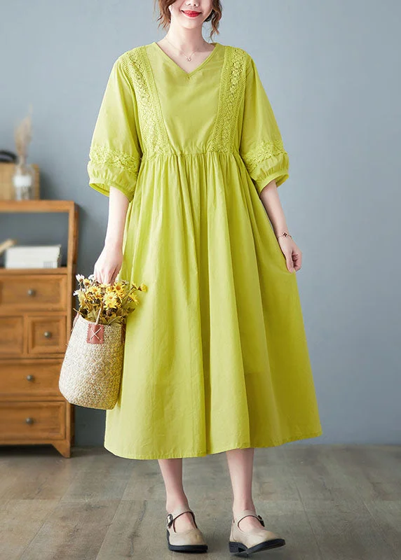 casual summer dressBohemian Yellow O-Neck Lace Patchwork Cotton Cinch Dress Half Sleeve