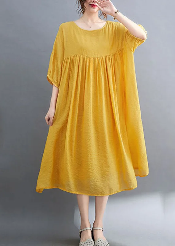 wrap-around dressFrench Yellow Wrinkled Exra Large Hem Cotton Vacation Dress Short Sleeve