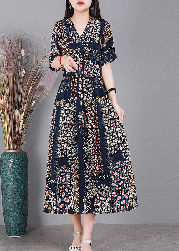 t-shirt dressBohemian Navy V Neck Print Drawstring Silk Long Dress Short Sleeve