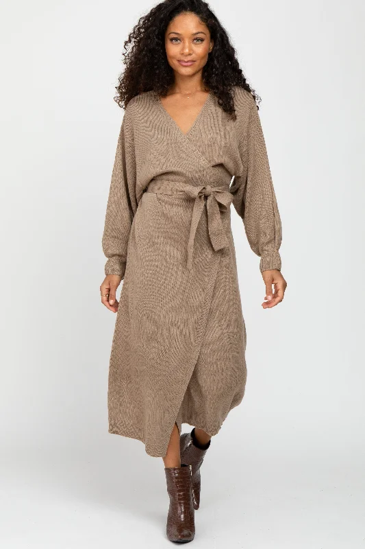 casual shift dressMocha Wrap Sweater Knit Midi Dress