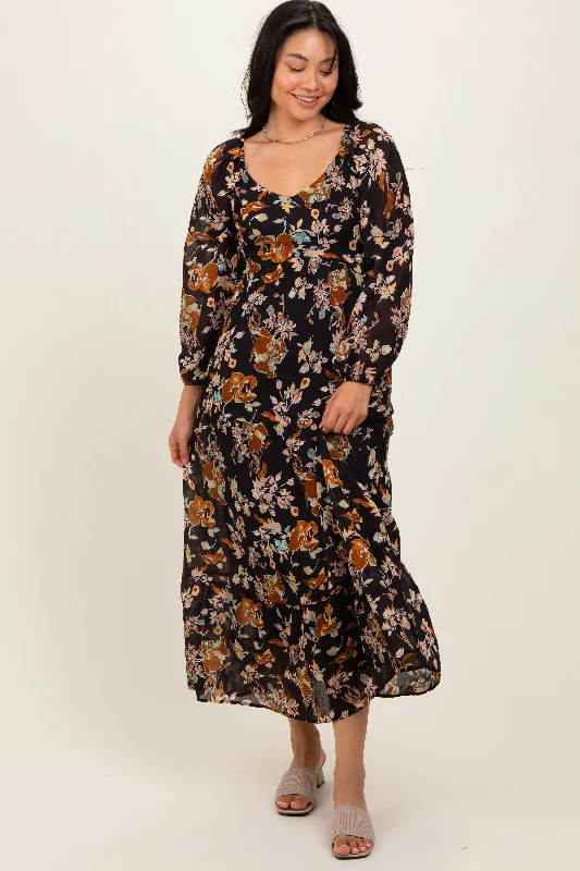 midi dressBlack Floral V-Neck Long Sleeve Midi Dress