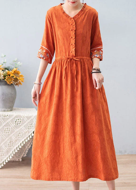 wrap dressBohemian Orange Ruffled Drawstring Embroideried Jacquard Cotton Dresses Half Sleeve