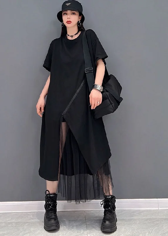 chic dressBlack Tulle Patchwork Cotton Pullover Streetwear Dresses Zip Up Short Sleeve