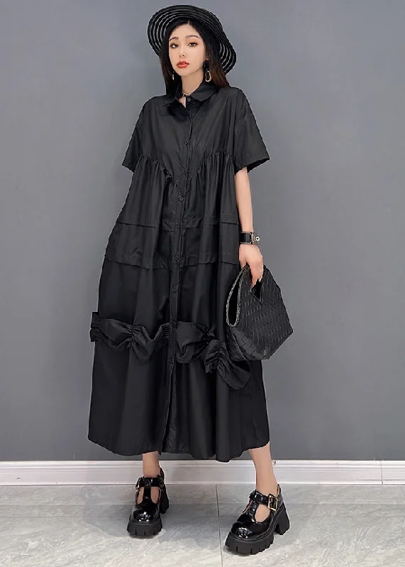 structured dressBlack Loose Shirt Dresses Asymmetrical Design Wrinkled Short Sleeve