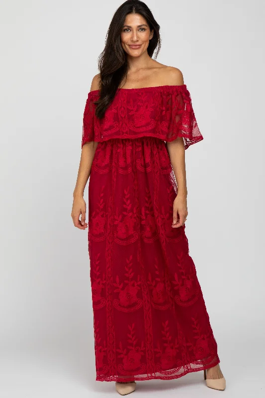 winter dressBurgundy  Lace Overlay Off Shoulder Flounce Maxi Dress