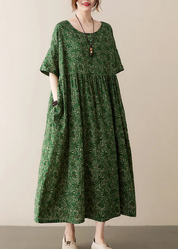 elegant evening dressBohemian Green O-Neck Wrinkled Exra Large Hem Print Cotton Long Dress Summer