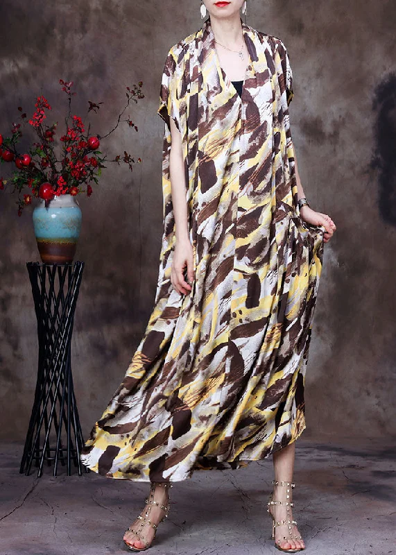 chic shift dressStyle Chocolate Yellow V Neck Camouflage Print Silk Holiday Long Dress Short Sleeve