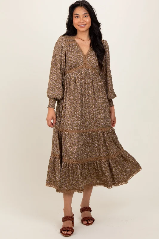 formal dressMocha Floral Lace Trim Bubble Sleeve Maxi Dress