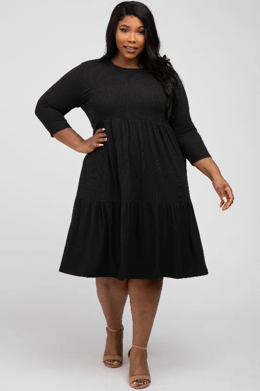 velvet dressBlack Tiered Ribbed 3/4 Sleeve Plus Midi Dress