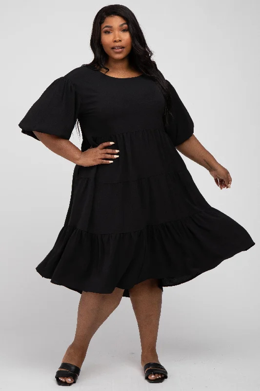 casual knit dressBlack Puff Sleeve Tiered Plus Dress