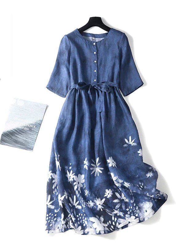 chic dressElegant Blue O-Neck Floral Print Tie Waist Cotton Long Dresses Short Sleeve