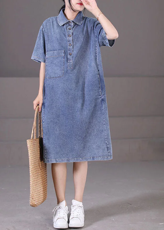 layered dressDiy Denim Blue Turn-down Collar Button Pockets Cotton Maxi Dresses Short Sleeve