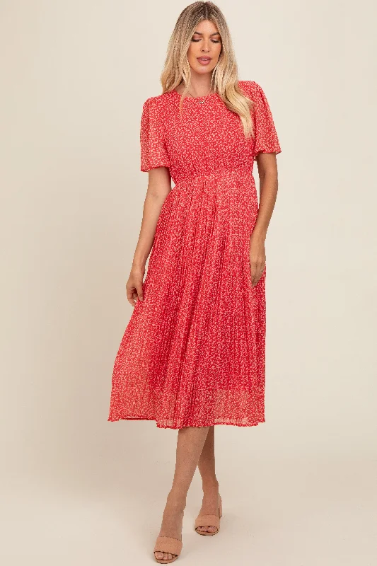 mini dressRed Floral Pleated Midi Dress