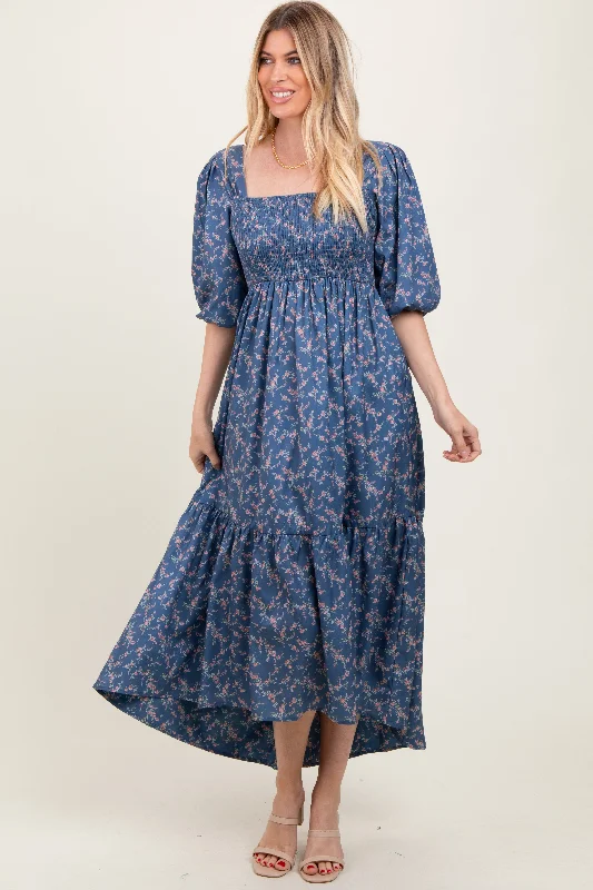 vintage dressBlue Floral Smocked Hi-Low Puff Sleeve Maxi Dress