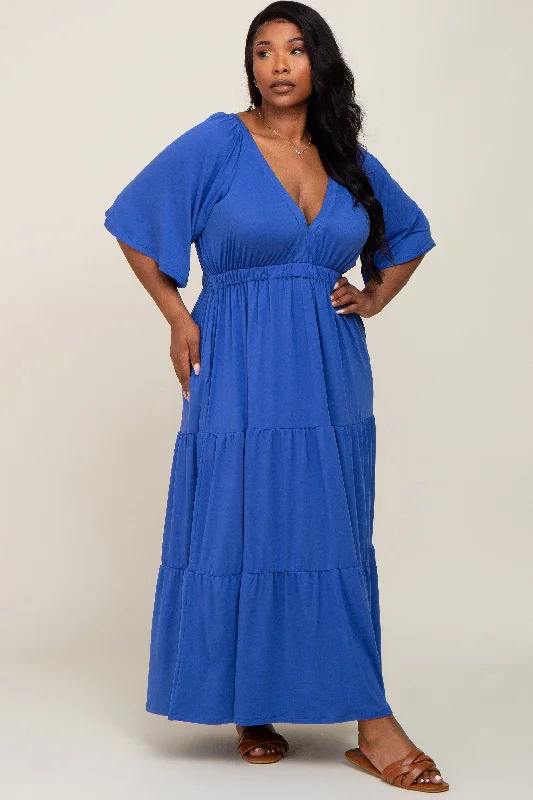 structured dressRoyal Blue Deep V-Neck Tiered Plus Maxi Dress