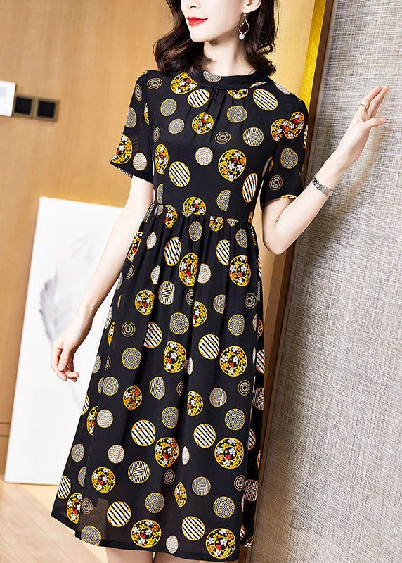 chic wrap dressFrench Black Stand Collar Dot Print Silk Vacation Pleated Dresses Short Sleeve