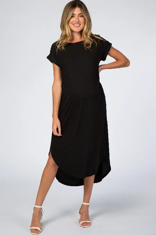 floral dressBlack Ribbed Curved Hem Maternity Midi Dress