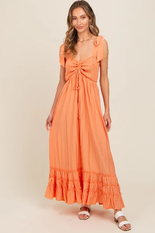 velvet dressOrange Sweetheart Neck Smocked Shoulder Tie Maxi Dress