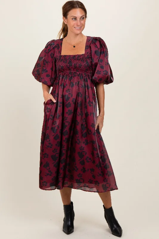 evening dressBurgundy Satin Floral Smocked Midi Dress