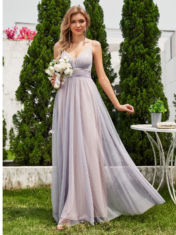 casual day dressSimple Deep V Neck See-Through Empire Waist Tulle Dresses Spaghetti Straps Backless A-Line Bridesmaids Dress