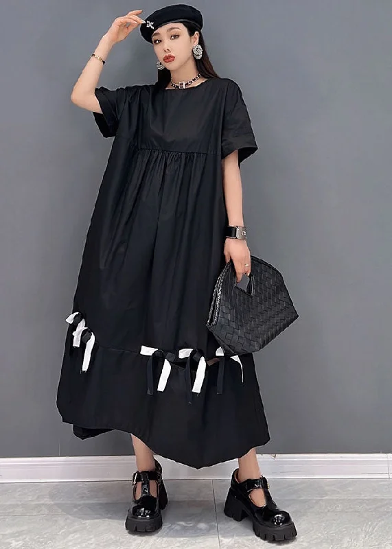 printed dressStylish Black O-Neck Wrinkled Cotton Long Dress Short Sleeve