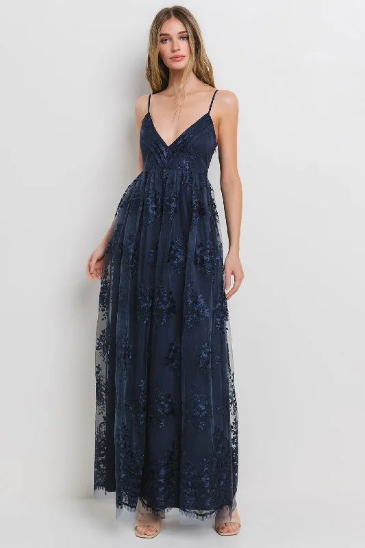 draped dressNavy Floral Lace Overlay Maxi Dress