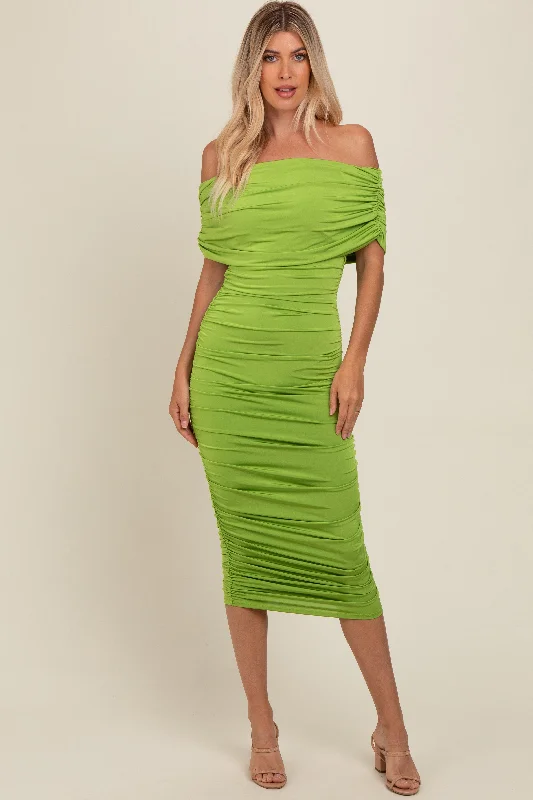 tiered dressLime Off Shoulder Ruched Midi Dress