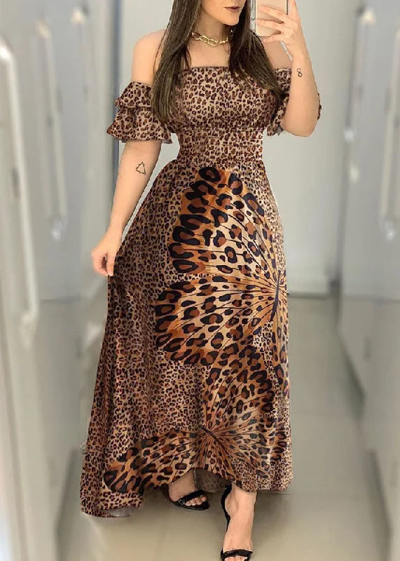 silk dressBoho Off The Shoulder Leopard Print Exra Large Hem Cinch Dress Vestidos Butterfly Sleeve