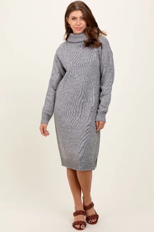 pleated maxi dressHeather Grey Turtleneck Side Slit Midi Sweater Dress