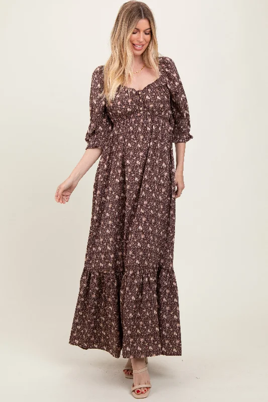 casual dressChestnut Floral Sweetheart Neckline Maxi Dress