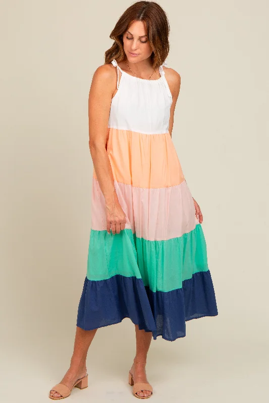 minimalistic dressCoral Colorblock Tiered Midi Dress