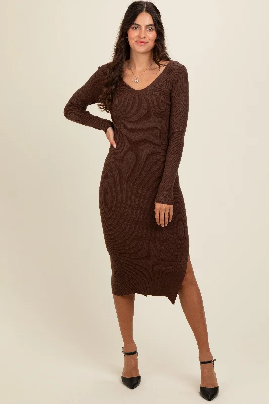 floral midi dressBrown Ribbed Knit Side Slit Midi Dress