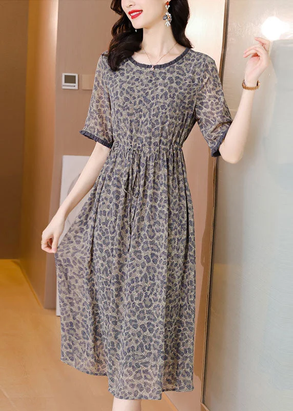 sophisticated dressSimple Grey O-Neck Leopard Print Tie Waist Silk Cinch Dresses Short Sleeve