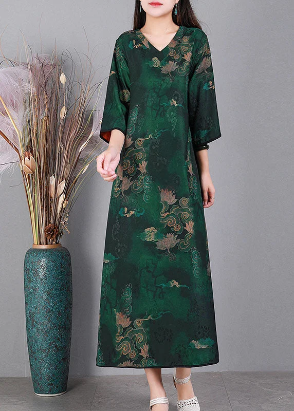 A-line dressChic Green V Neck Print Wear On Both Sides Silk  Long Dresses Bracelet Sleeve