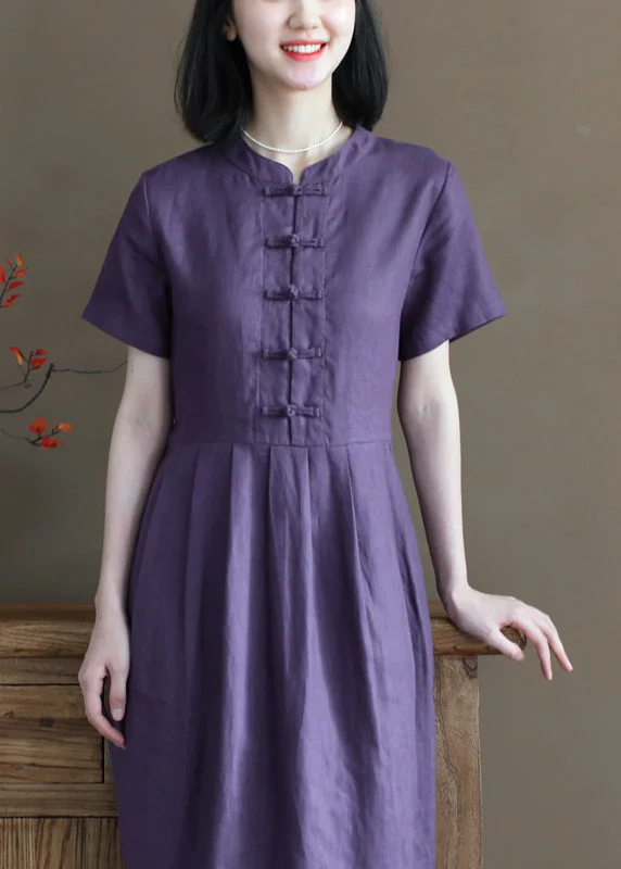 flowy evening dressBeautiful Solid Purple Stand Collar Cinched Button Linen Cinch Dress Short Sleeve