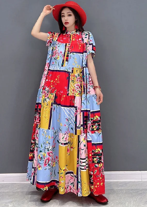 knit dressBoutique Red Stand Collar Print Patchwork Loose Long Dresses Short Sleeve