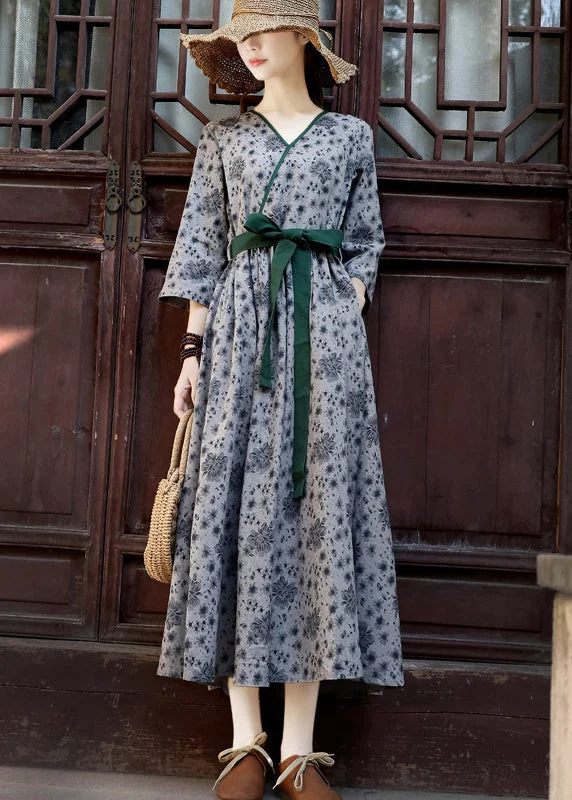 winter dress2024 Green Tie Waist Print Linen Long Dress Three Quarter sleeve