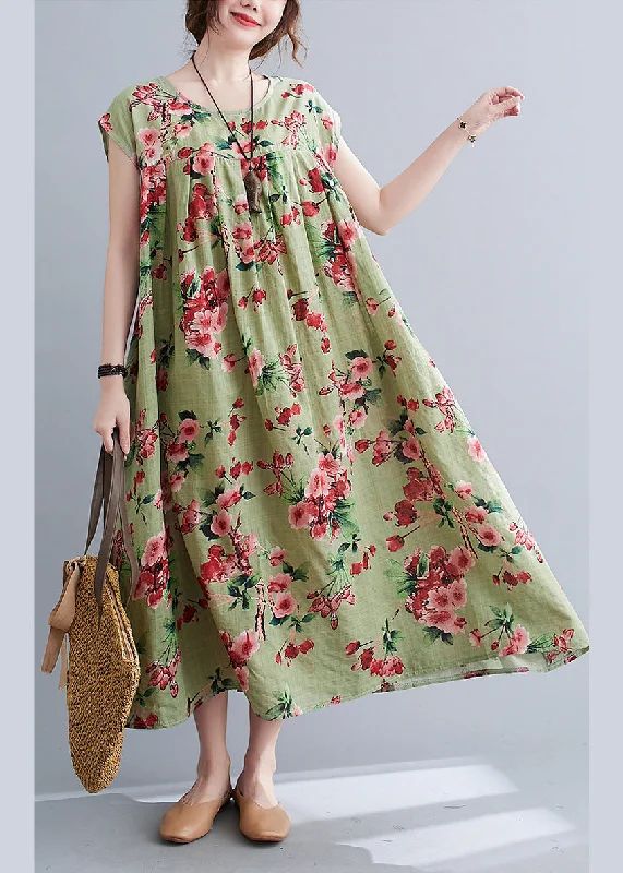 v-neck dressLoose Green Wrinkled Print Cotton Long Dresses Short Sleeve