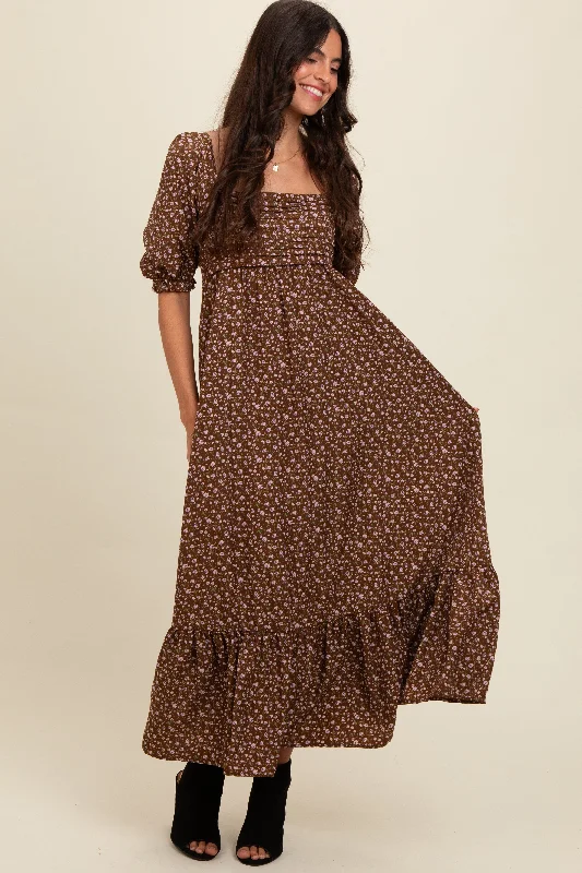 relaxed fit dressMocha Floral Pleated Bodice Maxi Dress