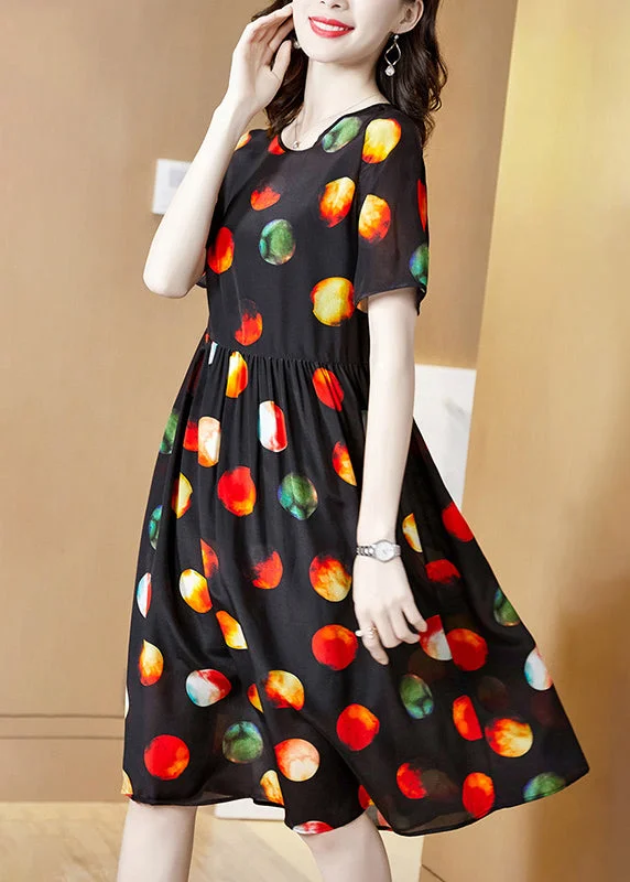 chic shift dressHandmade Black O-Neck Multi Dot Print Silk Pleated Dress Short Sleeve