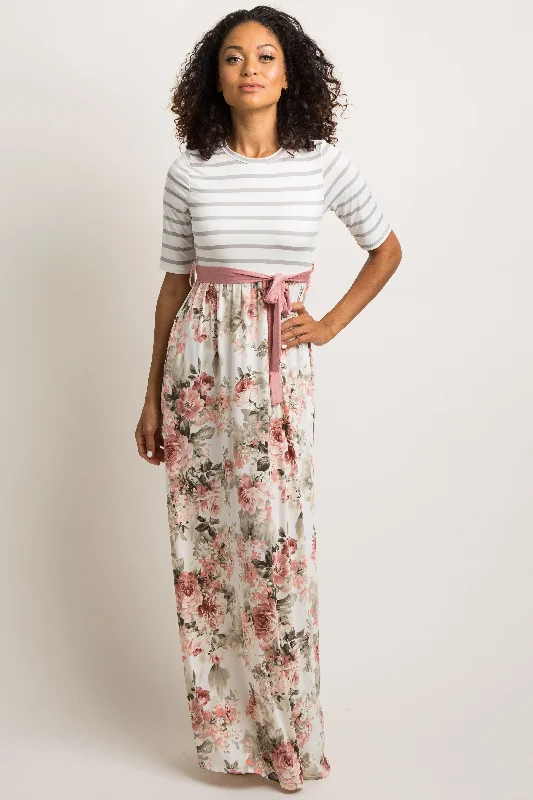 pleated maxi dressIvory Striped Colorblock Floral Maxi Dress