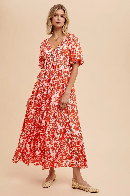 flowy evening dressCoral Red Resort Print Puff Sleeve Maxi Dress