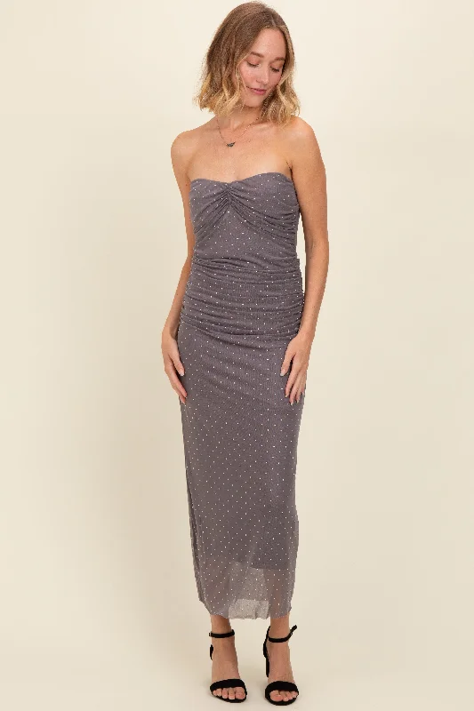 sleeveless dressGrey Dot Print Strapless Ruched Maxi Dress