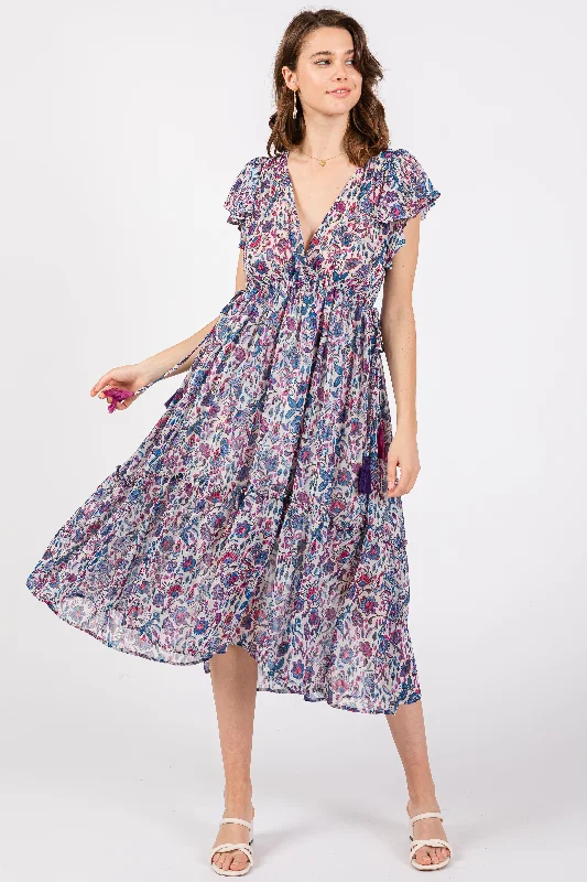 wrap-around dressBlue Floral Chiffon Flutter Sleeve Ruffle Hem Midi Dress